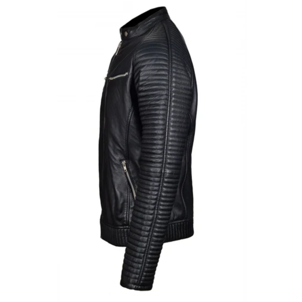 Puller Black Biker Leather Jacket With Ribbed Stitched Sleeves